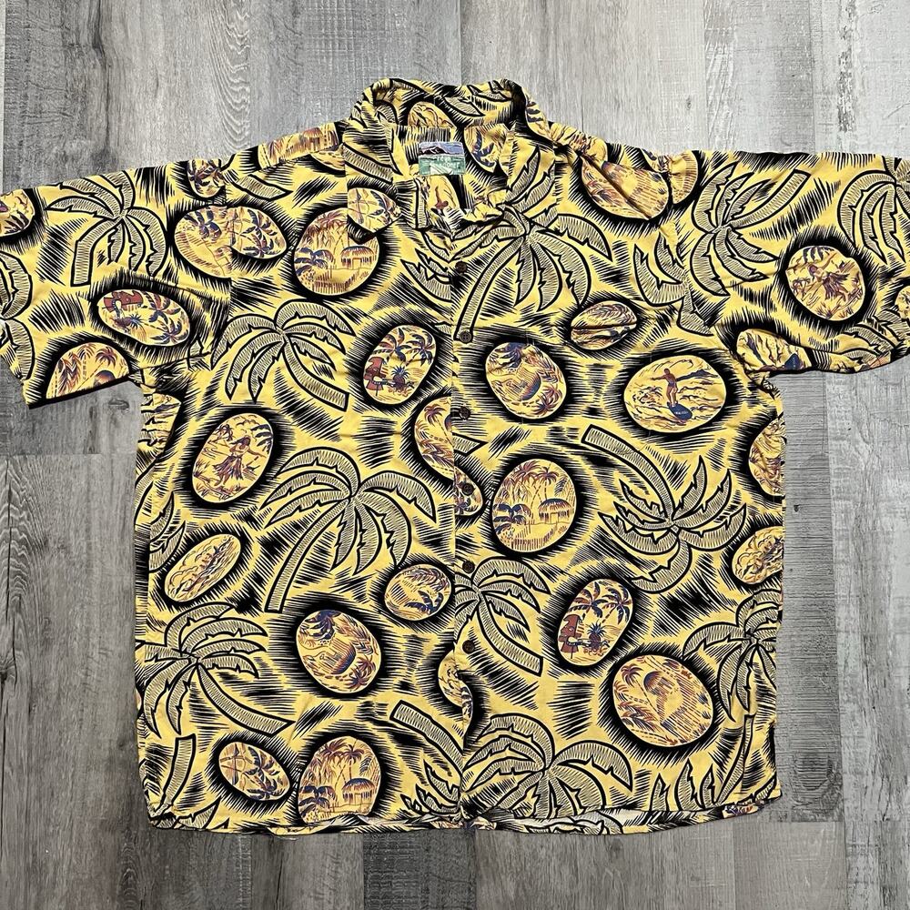 VTG Reyn Spooner Hawaiian Shirt Yellow Eggs Palms Surf Beach Rayon Button XL